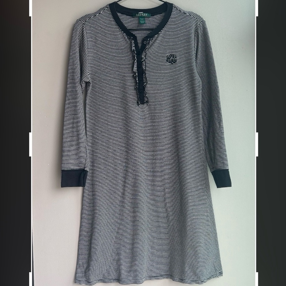 RALPH LAUREN long sleeve night gown striped buttons ruffle - Picture 2 of 5
